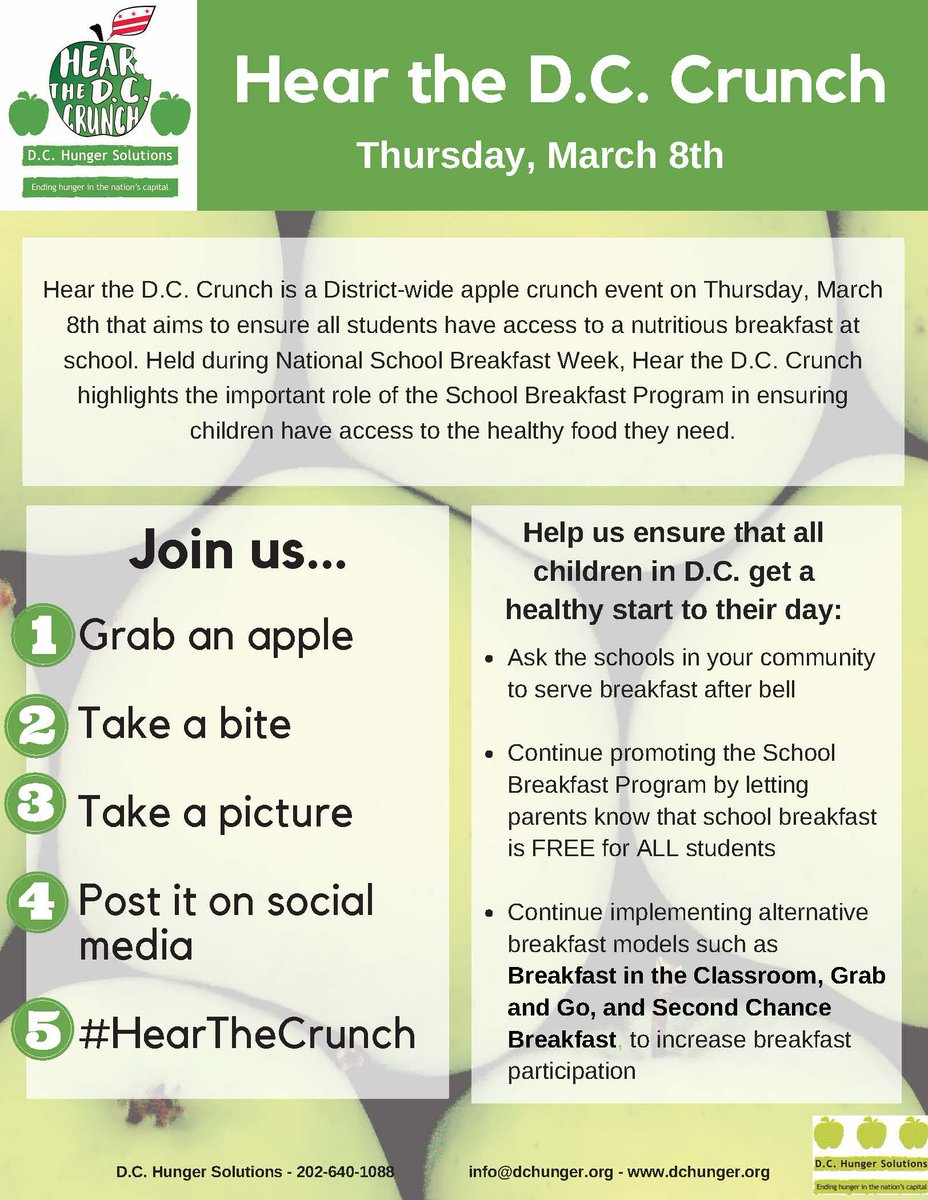 DCHunger's tweet photo. Do you have your apple ready? Tomorrow is #HearTheCrunch! Join advocates across the District as we celebrate #SchoolBreakfast! https://t.co/MZiHvAbd8O