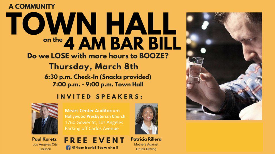 AlcoholJustice's tweet photo. Los Angeles Community Town Hall on the 4 a.m. Bar Bill - 3/7/18 https://t.co/B69lzKd25K Does a 4 a.m. Last Call Mean No Safety, No Peace, No Control?
 #4amBarBillTownHall  @AlcoholJustice https://t.co/CSM2uWUpjT