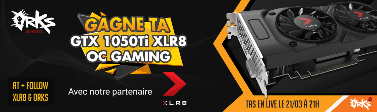 orKsGP's tweet photo. #CONCOURS 🎁 

🍀 GAGNE TA GTX 1050TI #XLR8 OC GAMING ! 🏆 

1⃣  ➡ #Follow @xlr8gam1ng + @orksesports 🖱 

2⃣  🔃 #RT 

🏁 Le tirage au sort sera effectué sur notre chaine twitch le 21 mars à 21h00 ! 

📺 https://t.co/oYgAoDsfLE https://t.co/qieb0Y9Jce