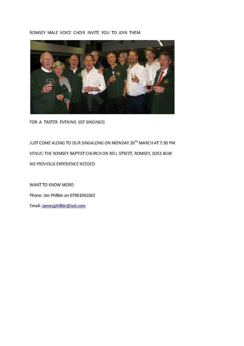 Romsey MVC (@romseymvc) on Twitter photo Now here's an offer no self-respecting closet Pavarotti could turn down!
Why not come and give your tonsils an airing and give the missus a night off from your incessant warbling?
No experience needed, just the urge to sing and we'll do the rest! <a href="/RomseyMVC/">Romsey MVC</a> @moreRomsey Now here's an offer no self-respecting closet Pavarotti could turn down!
Why not come and give your tonsils an airing and give the missus a night off from your incessant warbling?
No experience needed, just the urge to sing and we'll do the rest! <a href="/RomseyMVC/">Romsey MVC</a> @moreRomsey