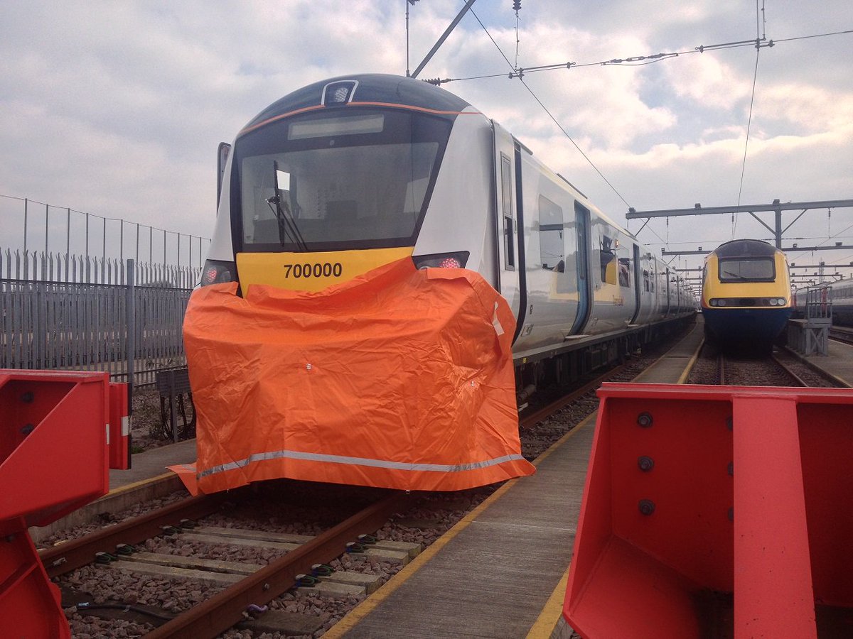 13milepost's tweet image. "I know it's cold outside  little train, but you are NOT going out to play on the mainline unless you do your scarf up..."#Class700  training unit' 000/ with frontal impact/fatality shield -allowing train movement on unaffected lines  whilst Traffic management 'firebreak' created