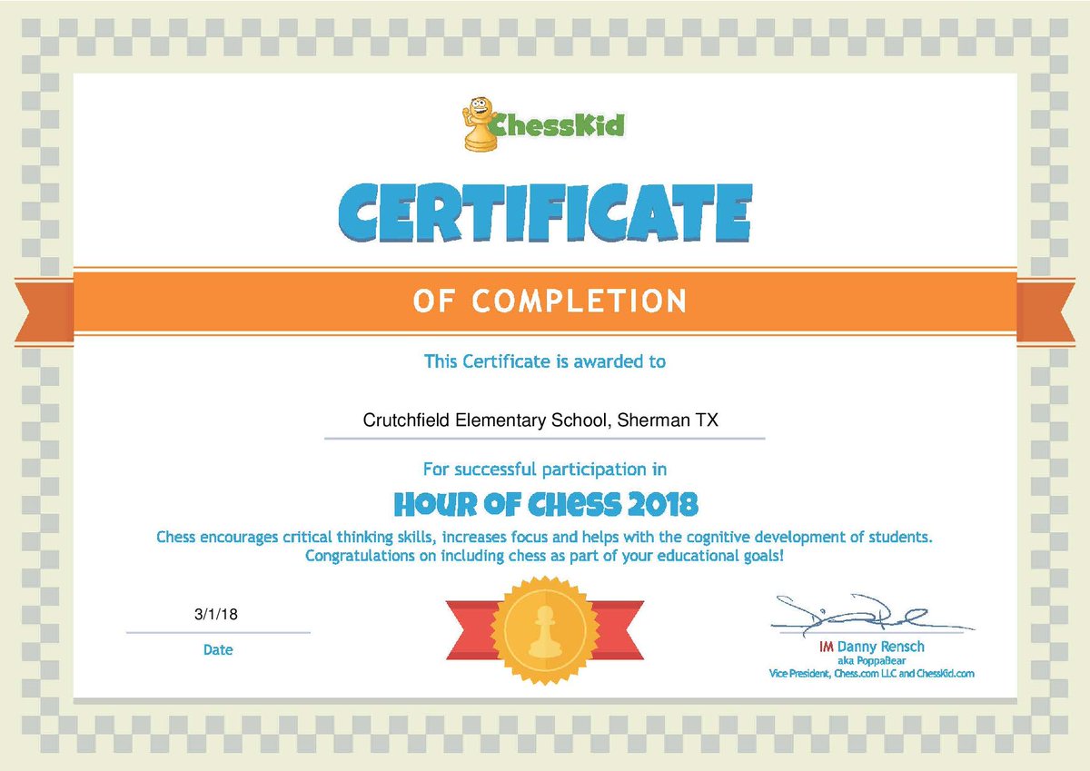 ChessKidcom's tweet photo. We're very excited to announce that Crutchfield Elementary School students are the winners of 500 ChessKid Gold Memberships for one year!
Thank you to all of our participants for joining us in https://t.co/v5x9oPSns2's Third Annual Hour of Chess Week! #hourofchessweek https://t.co/eFMlx5OMC8