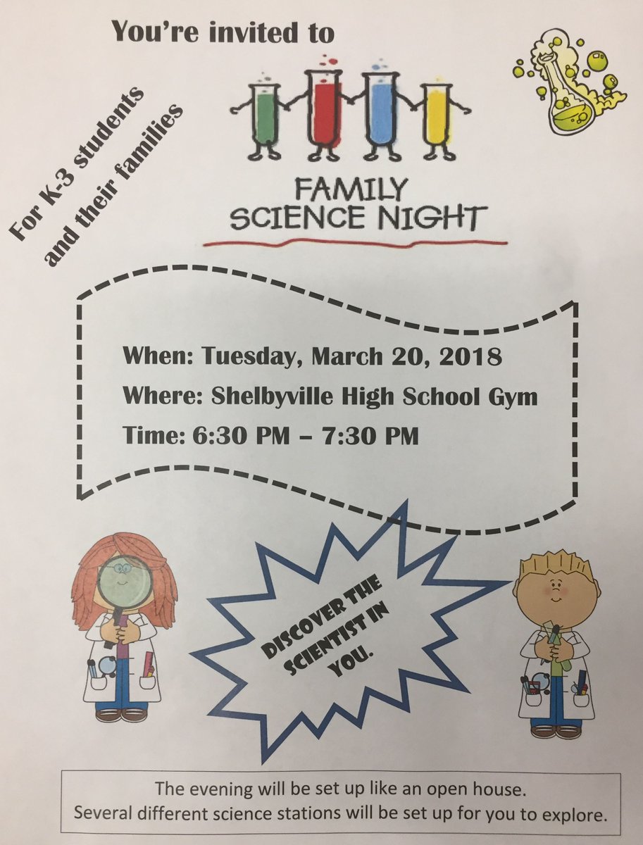 shelbyprincipal's tweet photo. Shelbyville HS Science Dept. Sponsoring "Science Family Fun Night" @ SHS GYM Tuesday, March 20th @ (6:30 PM - 7:30 PM)for (K-3) Students &amp; Families. Cool Idea &amp; Opportunity to Interact w/ SCIENCE! #sciencetwitter #Science https://t.co/okx1286VYN