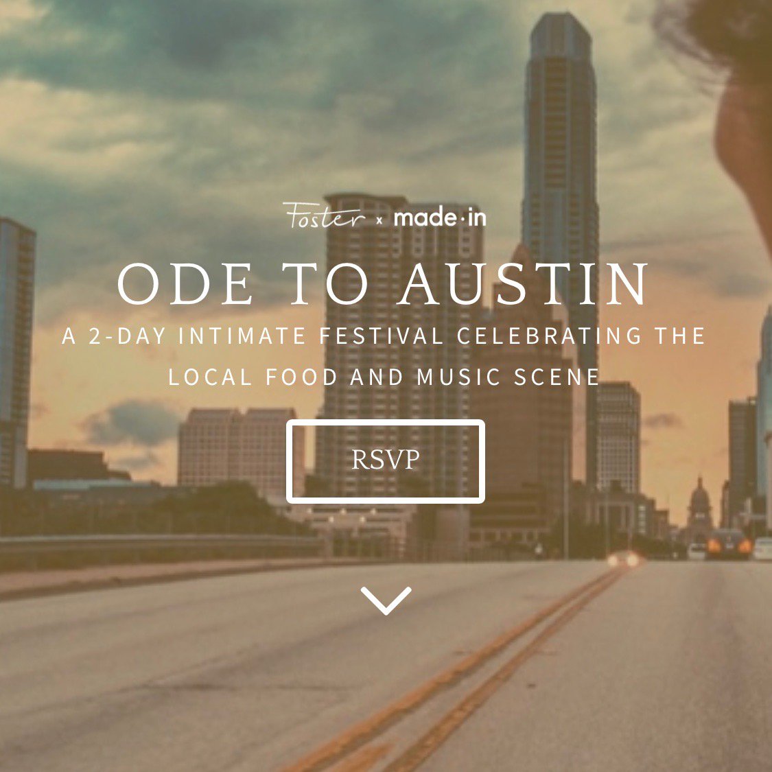 fosteratx's tweet photo. Thrilled to announce: Ode to Austin

A 2-day @sxsw official festival celebrating Austin food and music

- 12 local bands
- 7 local chefs
- Open bar
- &amp; much more

21+ / no badges required / open to public
rsvp:https://t.co/MMYcZbceP3 

@madeincookware @_kasita @atxconcert @SXSWMF https://t.co/ULWSheLdoi