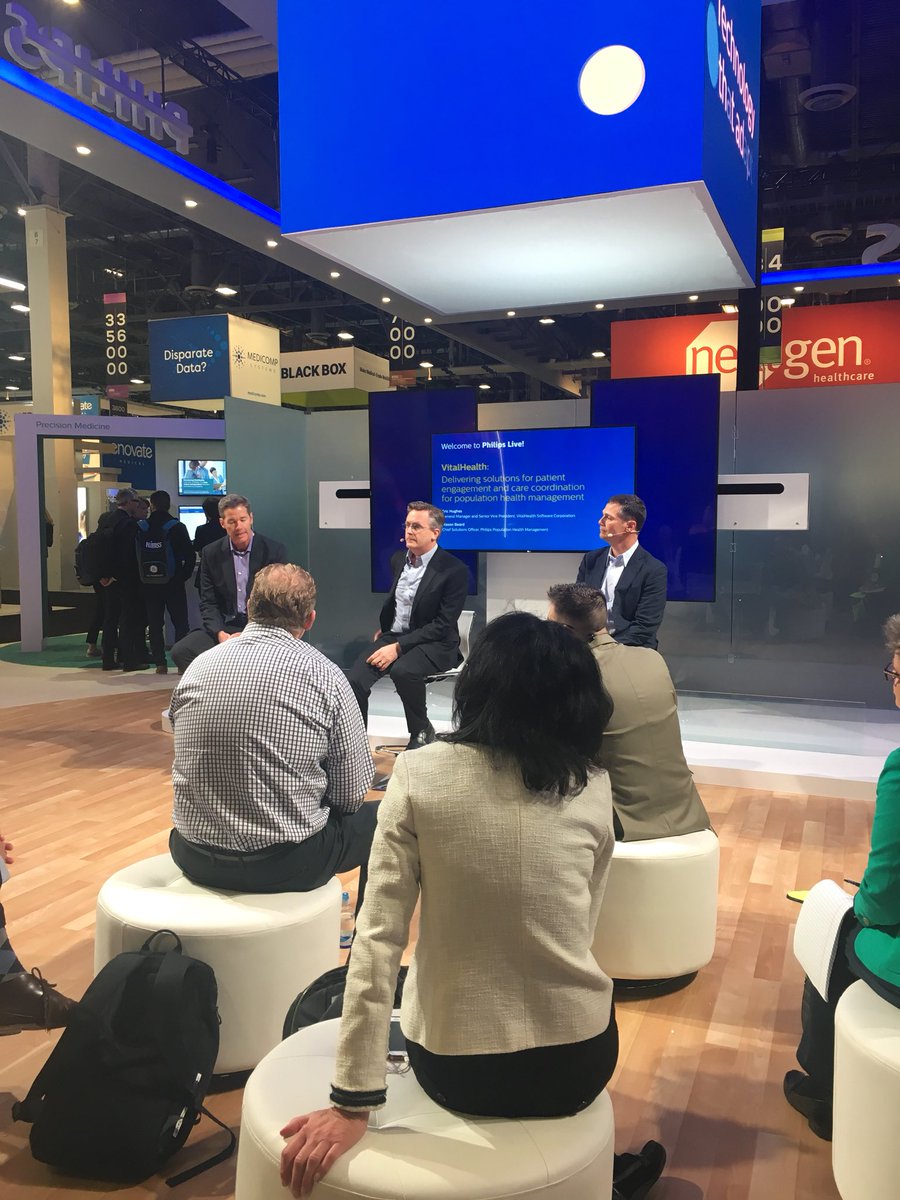 Livingtowrite's tweet photo. @VitalHealthUS GM/SVP Eric Hughes and @Philips Chief Solutions Officer Mason Beard discussing patient engagement and care coordination #populationhealth #himss18 https://t.co/9goG95PL6M