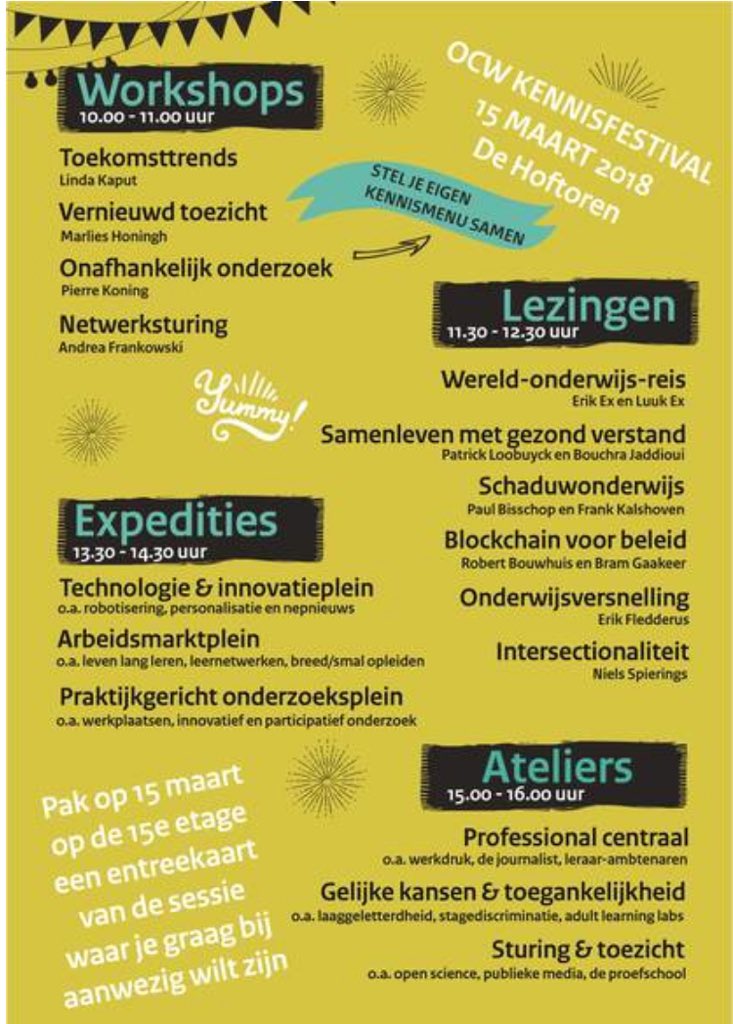 De Kennismarkt <a href="/MinOCW/">Ministerie van Onderwijs, Cultuur en Wetenschap</a> bestaat 10 jaar, op 15 maart vindt daarom een speciale lustrumeditie plaats: het OCW Kennisfestival! Er zijn nog een paar last-minute plekken beschikbaar...