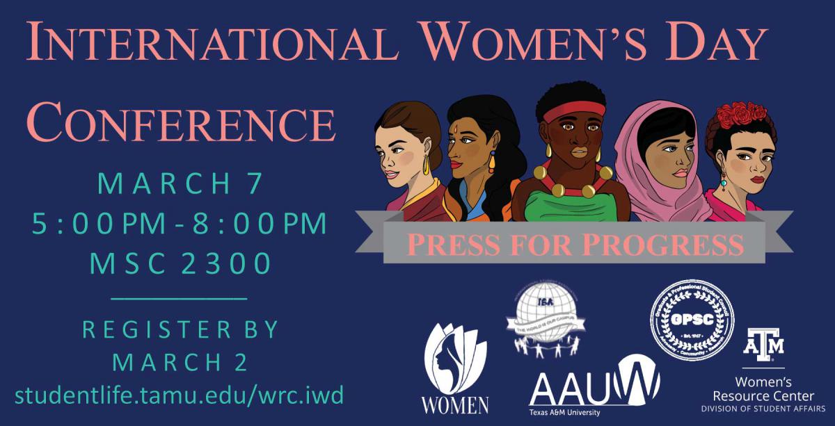 graphic with text "International women's day conference, march 7, 5pm-8pm, msc 2300" with illustrations of women