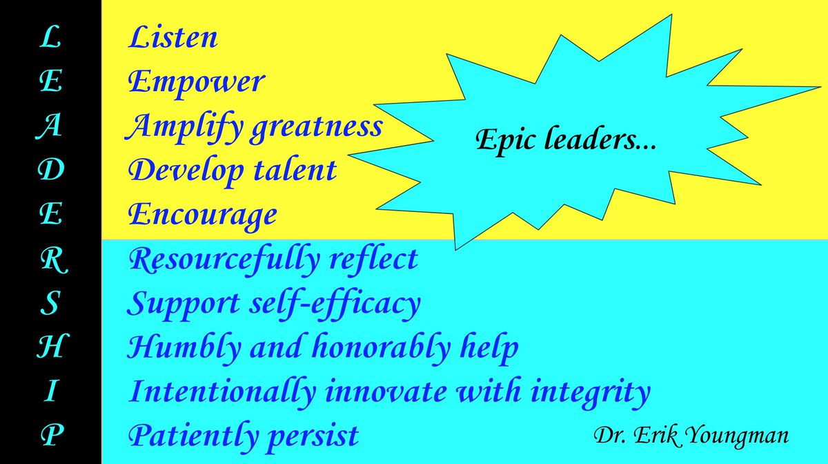 Erik_Youngman's tweet photo. Epic #Leaders: 

#Listen
Empower
Amplify #greatness
Develop #talent
#Encourage
Resourcefully #reflect
#Support self-#efficacy
Honorably #help
#Intentionally #innovate with integrity
Patiently #persist

#Leadership #admin2b #DevelopingLeaders #EdChat #EdAdmin https://t.co/t4awZ4QBdu