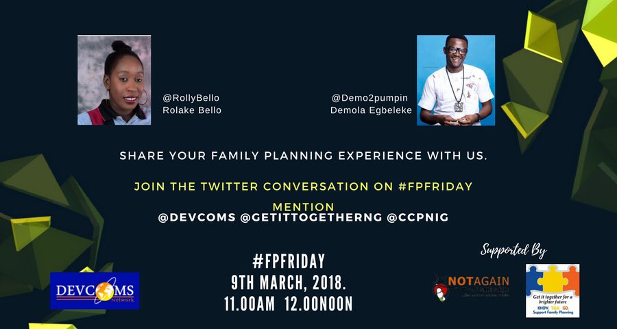Marapolsa's tweet photo. Do you have a family planning Experience you will like to share?

We know @Demo2pumpin and @rollybello will be sharing their Family Planing Experience with us on #FPFriday. 

Join the conversation!! cc @getittogetherng @CCPNig #LagFPTraining #KDFPTraining #LbFPTraining https://t.co/ilK22KE9Ff