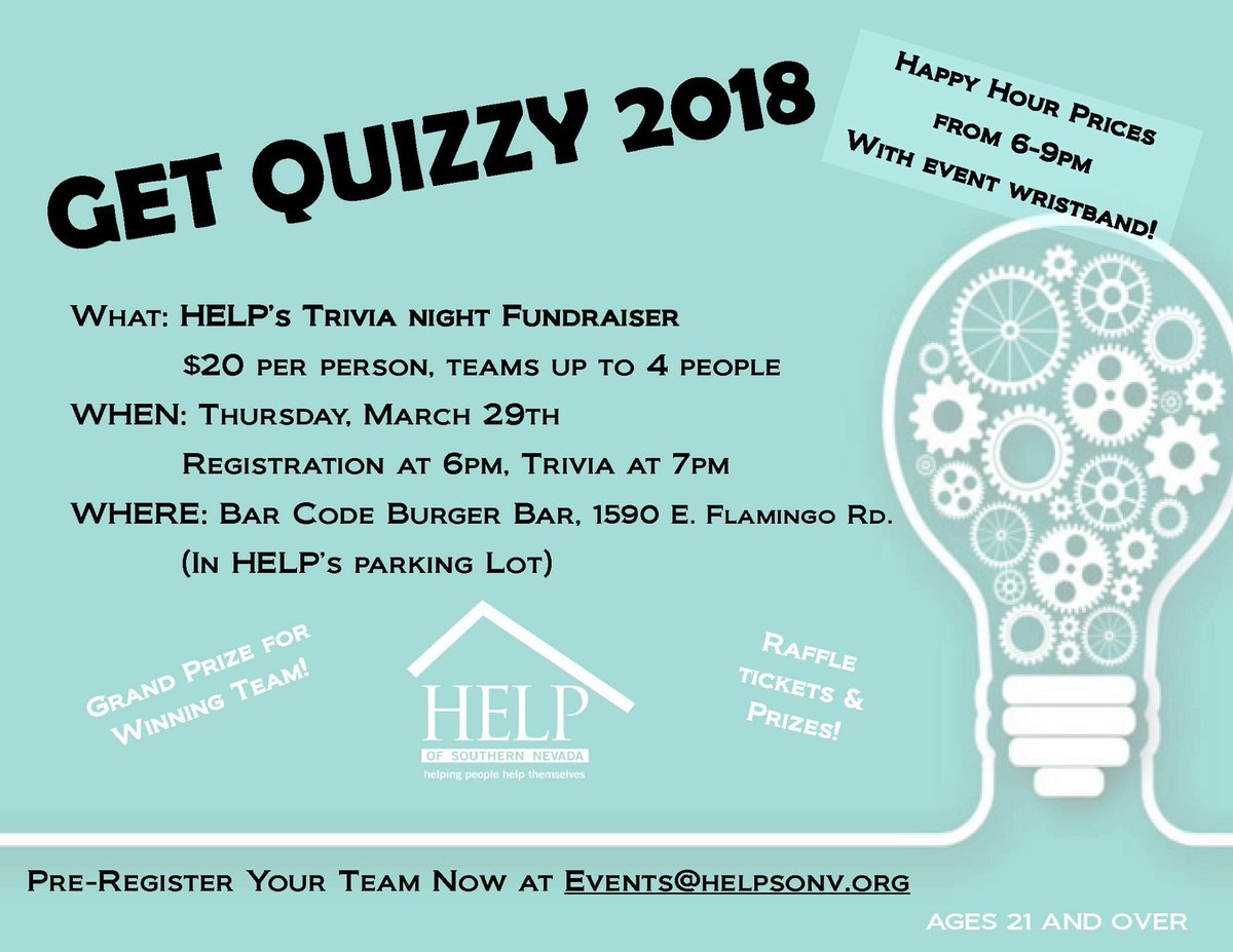 helpsonv's tweet photo. Join us for the ‘Get Quizzy Trivia Night Fundraiser’ on Thursday, March 29 at 6 p.m. at Bar Code Burger Bar. Pre-register now at events@helpsonv.org. #TriviaNight #Fundraiser #HappyHour #GetQuizzy #CareGiveHELP https://t.co/DqGDnmNvW5