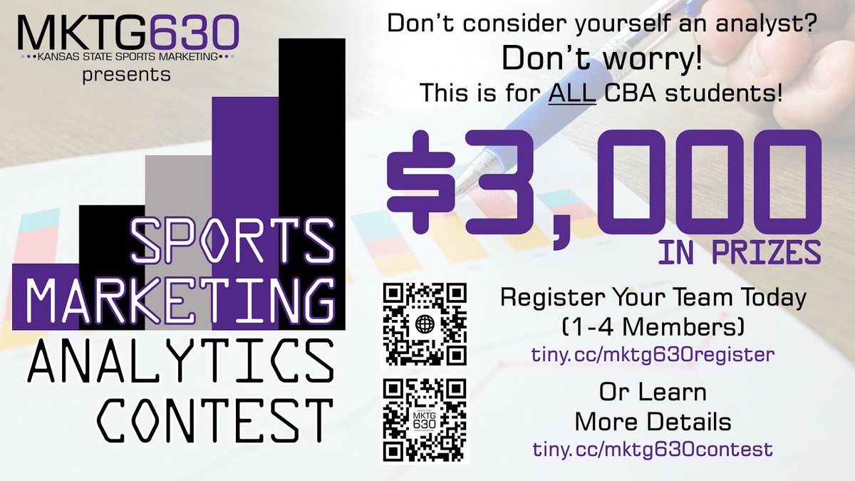 KSUSportsMC's tweet photo. Register your team today for the Sports Marketing Analytics contest! 

This contest is open to ALL CBA students, so don’t worry if you’re not an analyst! 

To register, go to: https://t.co/BJtRwLSFXP

For more info follow this link ➡️ https://t.co/vMaupzfZrF https://t.co/nnr8o2dSxI