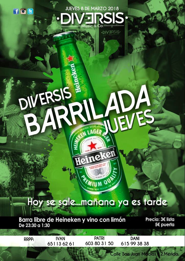 ❇ *BARRILADA JUEVEBES* ❇

Vente de barrilada porque aquí los jueves SE SALE:😎

✅Heineken
✅Vino con limón 
✅Cachimbas
✅La mejor música 

Tan solo por:
➖3€ en lista
➕5€ en puerta

*«SALIR MAÑANA YA ES TARDE VENTE A DIVERSIS!!»*