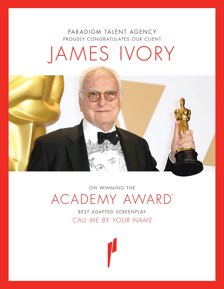 ParadigmTalentAgency (@paradigmagency) on Twitter photo Congrats to #JamesIvory on his #Oscars win for Best Adapted Screenplay for "Call Me By Your Name!" #paradigm #CMBYN <a href="/CMBYNFilm/">Call Me By Your Name</a> Congrats to #JamesIvory on his #Oscars win for Best Adapted Screenplay for "Call Me By Your Name!" #paradigm #CMBYN <a href="/CMBYNFilm/">Call Me By Your Name</a>