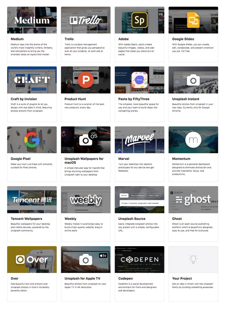 lukechesser's tweet photo. If you had told me that the @unsplash API would one day power thousands of applications, including Medium, Trello, FiftyThree, Product Hunt, Adobe, Google, Ghost, and Tencent (to name a few), I would have called you crazy. Some more huge releases coming soon 🔥 https://t.co/DGJR0JUHkv