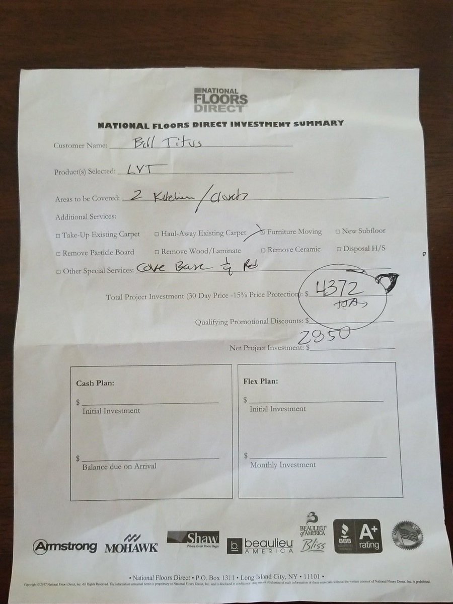 Lifeatlow3rd's tweet photo. Save yourself time and aggravation and NEVER use #NationalFloorsDirect. I called to ask where my contract was so I could look for hidden costs. They said I never met with their salesman. Well, where did this estimate come from? I think they didn't want me to see those costs! https://t.co/71vLDRS0Ic
