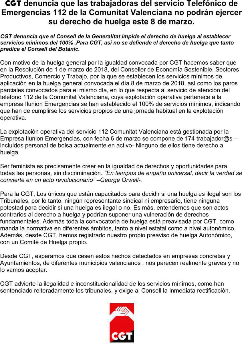 CGT's tweet photo. [País Valencià]

Las trabajadoras de Emergencias 112 no podrán ejercer su derecho a huelga mañana. Todo nuestro apoyo para ellas. https://t.co/28yYfdYlE9