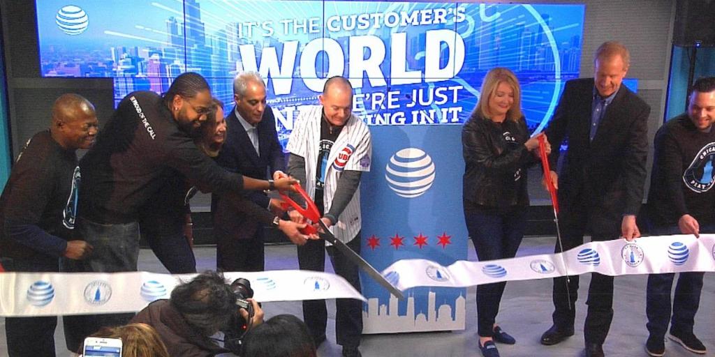 LifeAtATT's tweet photo. Excited to welcome 500+ call center employees to the #ATTfamily in Chicago! It was an incredible morning with @4jbar, @GovRauner and @ChicagosMayor at the ribbon cutting. https://t.co/DdqIvaLoXa