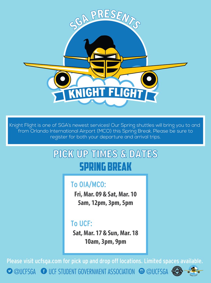 MCO's tweet image. .@UCF students! Taking off from MCO for #SpringBreak? Don't forget your free #KnightFlight shuttle thanks to @UCFSGA. ⬇️
