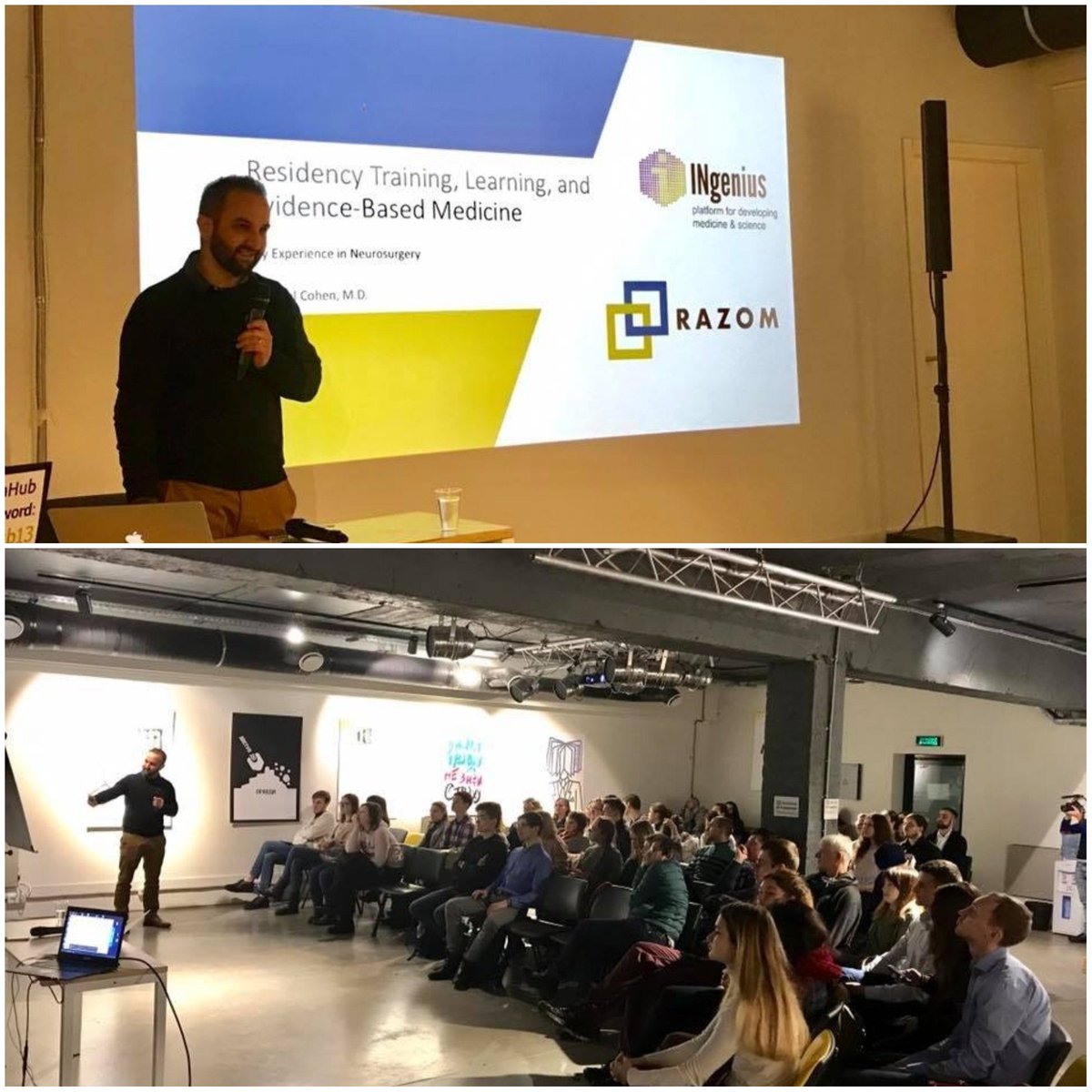 razomforukraine's tweet photo. Michael Cohen, #neurosurgeon from the Co-Pilot team talks to Ukrainian medical students and young doctors about residency, learning and evidence-based medicine. Great participation from the audience. Read more at https://t.co/zE16BVdoXm #razom #copilotproject #Ukraine https://t.co/kCHcWLqmRB