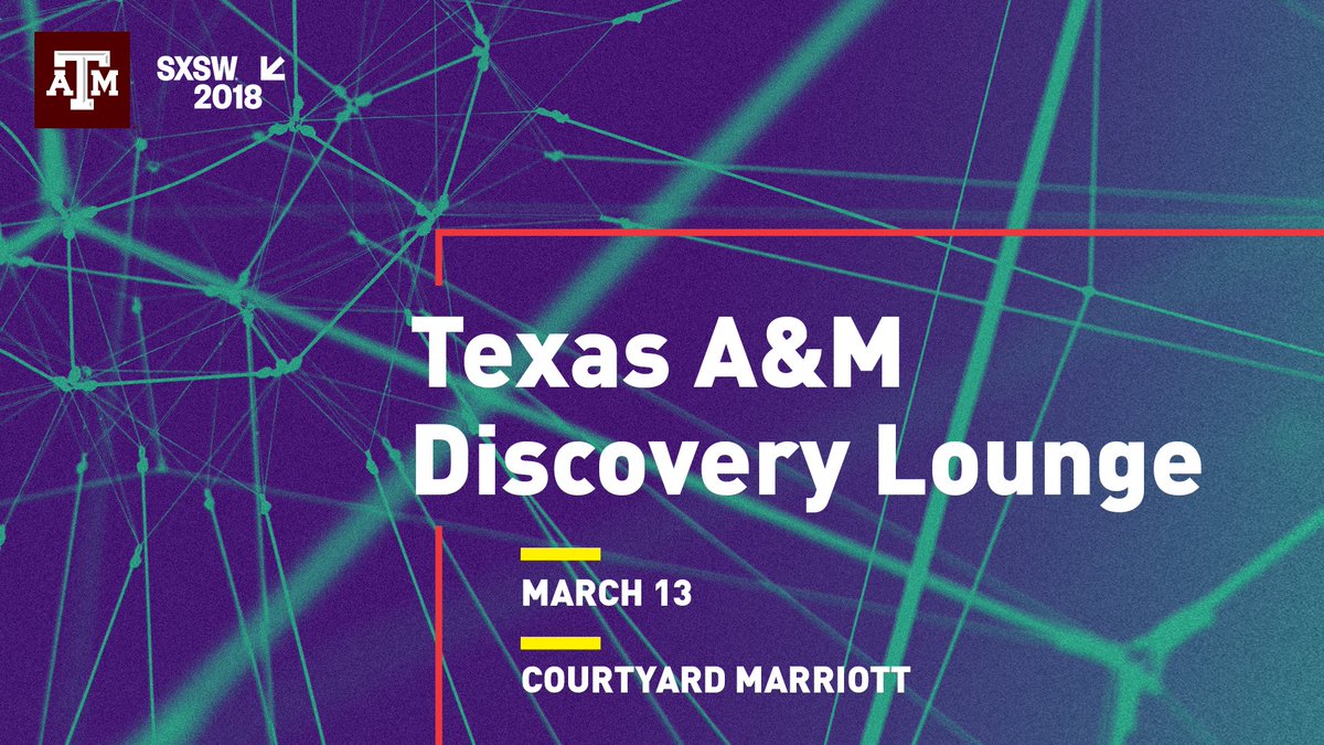 text reading "Texas A&M Discovery Lounge, March 13, Courtyard Marriott" on photo of a green net across a purple background