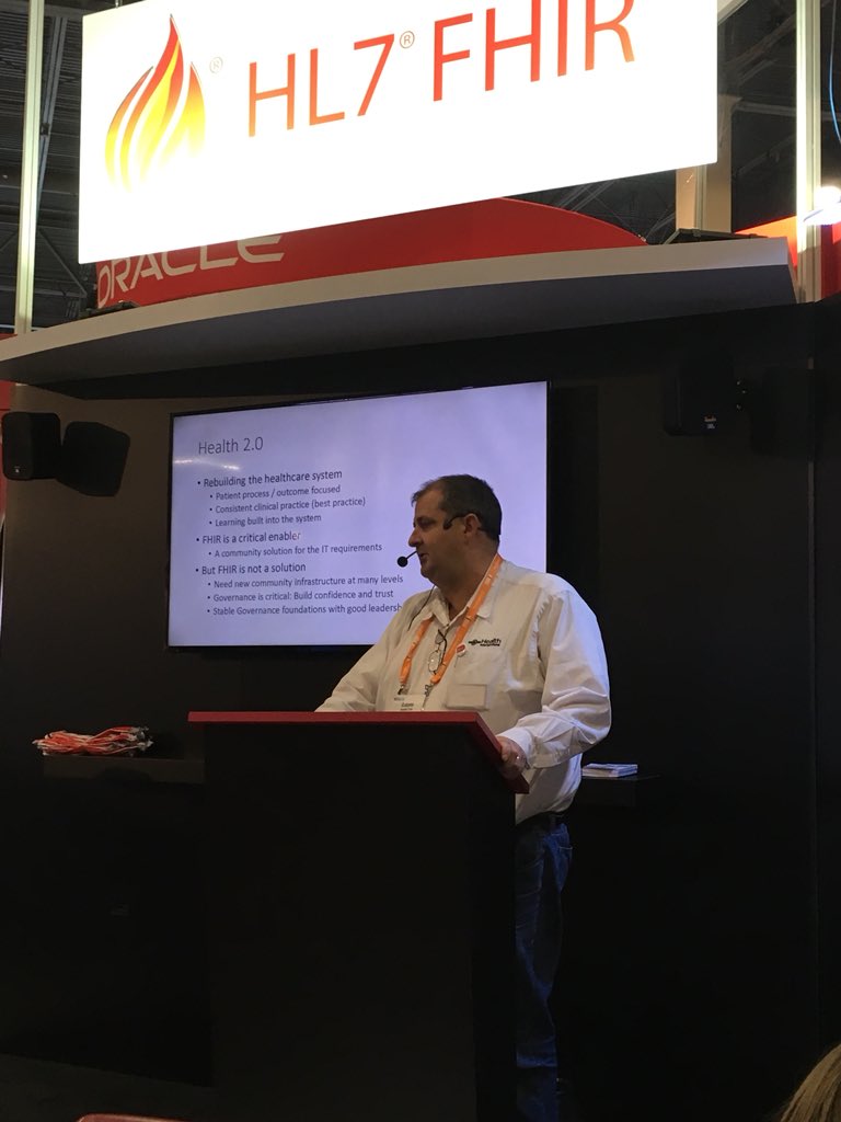 Grahame Grieve at the #HIMMS18 #HL7 booth talking about the future of #HL7 #FHIR. #FHIR is a critical enabler for Health 2.0.