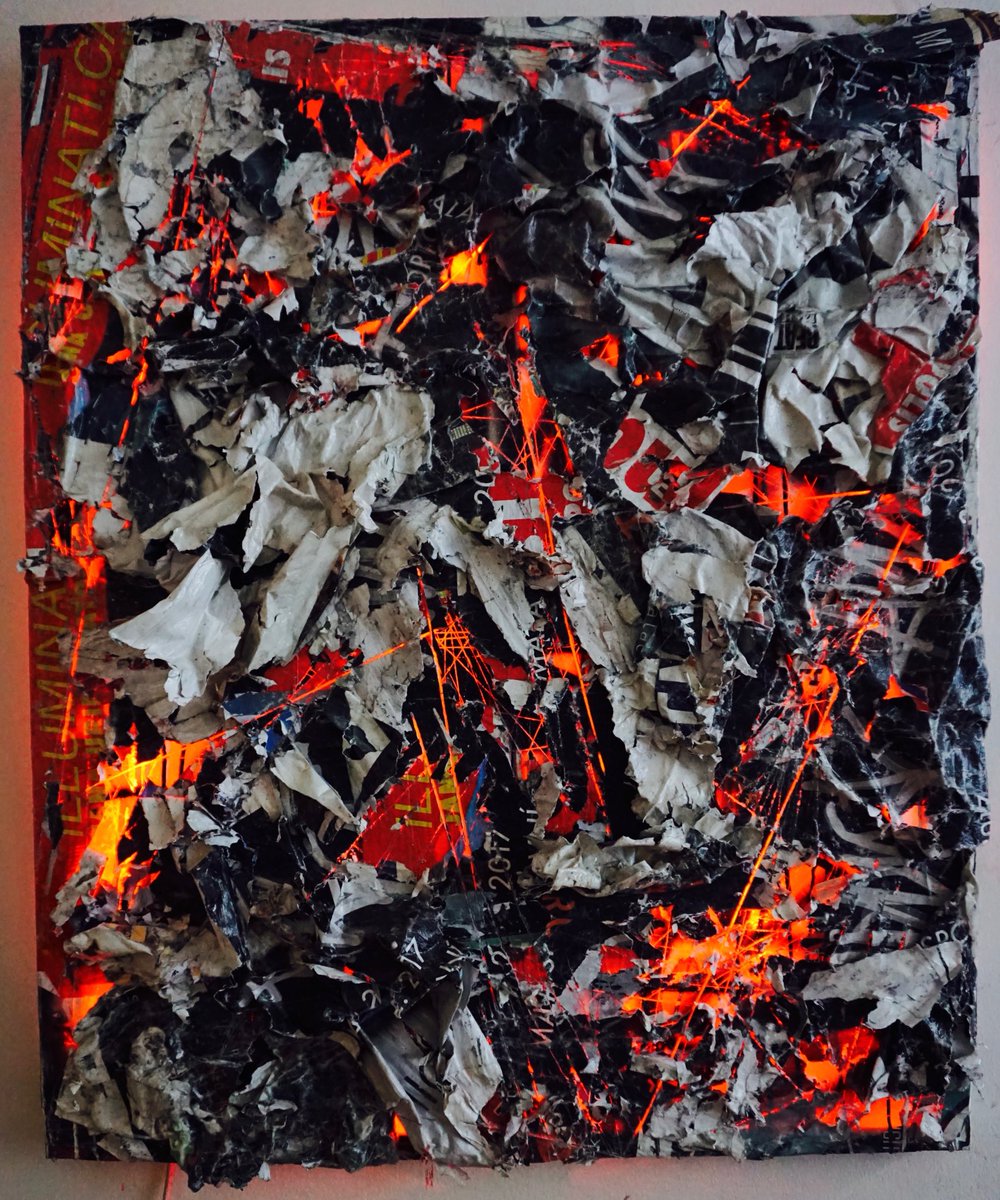 “Silent streets have many things to say.” - Mehmet Murat Ildan 
New piece entitled “Illuminatica” 100cm x 120cm Mixed media double decollage with light. #collage #decollage #modernart