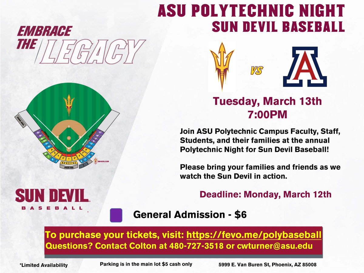Come out and support Sun Devil Baseball to #BeatUofA on #PolyGameday on Tuesday, March 13th at 7pm at Phoenix Municipal Stadium.  Purchase your $6 tickets here:  fevo.com/edp/ASU-Poly-T… by Monday, 3/12.  Sign up for the shuttle here:  bit.ly/polygamedayshu….  Go Devils!