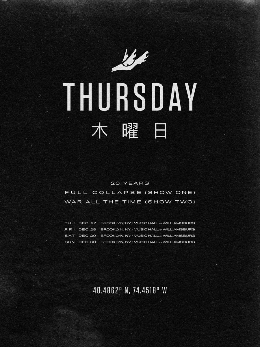 thursdayband's tweet photo. WHOA! We had to stop the @brooklynvegan pre-sale for our holiday record shows @MusicHallofWB as there was only 60 left for each night after ONE HOUR! Fear not, we have added two more shows for the 29 + 30th December. Tix on sale Friday morning at 10.00am! Thank you BK! https://t.co/82ULs072VM