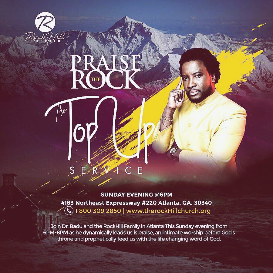 WordShipRadio's tweet photo. Join us for our evening service dubbed "Praise Rock" this and every Sunday with our lead pastor, Dr. @SonnieBaduuk . You'll be glad you came! #PraiseRock #TopUpService #6pm @TheRockHillCh
#therockhillchurch #DrBadu https://t.co/GvYn36m9Vk