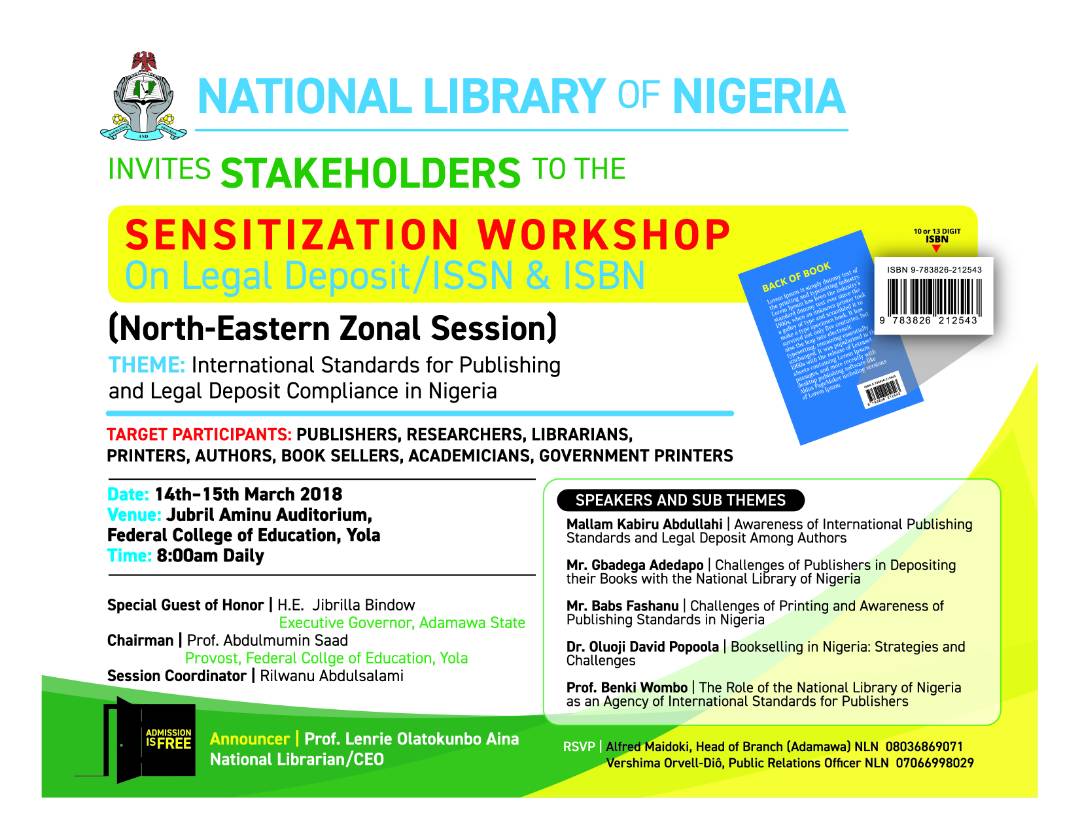 Librarygovng's tweet photo. Invitation! Invitation!! Invitation!!! Sensitization Workshop on #LegalDeposit #ISBN #ISSN....North Eastern Zonal Session...       14th -15th March, 2018...#Adamawa State... https://t.co/9D9pdCEwIV