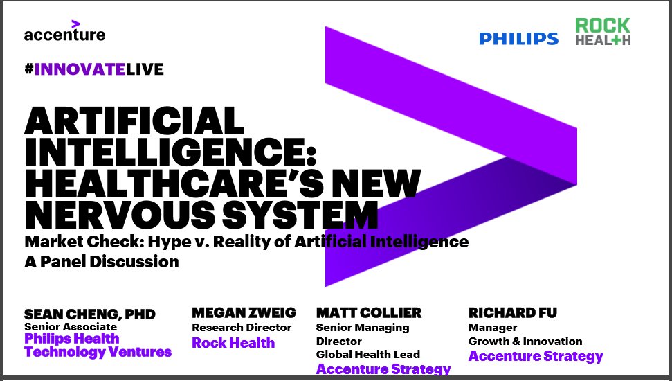 PhilipsVC's tweet photo. Join #philipsventure's  @icsean, #rockhealth and #accenture on a panel about artificial intelligence in #healthcare at #HIMSS18 at 16:00 PST at the Accenture Booth! #AI #machinelearning #ventures #philips #makelifebetter https://t.co/j1Jpp2MgrR