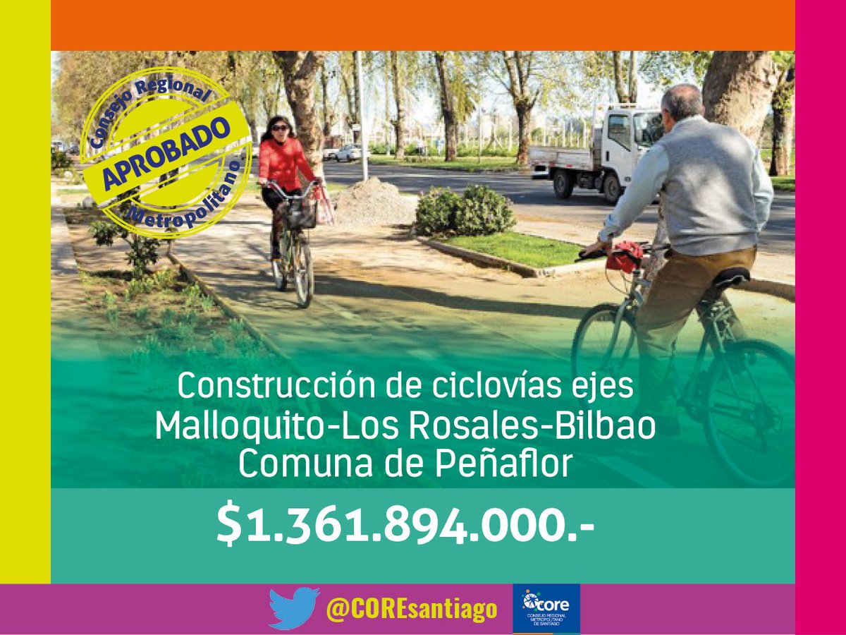 COREsantiago's tweet photo. [AHORA] APROBADO "Construcción de red de ciclovías eje Malloquito- Los Rosales-Bilbao, comuna de Peñaflor" por un monto de $1.361.894.000.- @COREsantiago #SomosCoreRM https://t.co/l7LEdgO0Tw