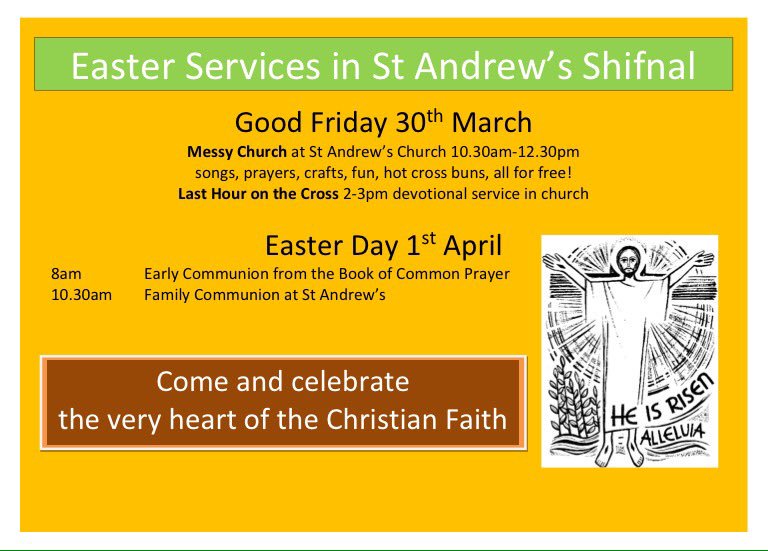 Celebrate Easter in Shifnal - mega messy church - solemn last hour - and joyful thanks for new life! <a href="/Lichfield_CofE/">Lichfield Diocese</a> @shrewsbishop @NikkiSuggers <a href="/StAndrewsShif/">St Andrews Church</a> <a href="/MessyShifnal/">Shifnal Messy Church</a> <a href="/ShifnalScenes/">Shifnal Scenes</a> <a href="/Loveshifnal/">love shifnal</a> <a href="/StAndrewsPTFA/">StAndrewsPTFA</a> <a href="/ShifnalCoop/">Bradford St Co-op</a>