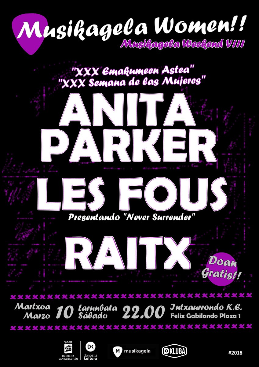 BWProlleckzioms's tweet image. @eventosdonosti 📌 #MusikagelaWomen!! 2018·03·10 @anitaparkergara + @LFous presentan "Never Surrender"+ Raitx  #IntxaurrondoKE 22h *Entrada Libre.
+ Info: 👉 buenawista.org