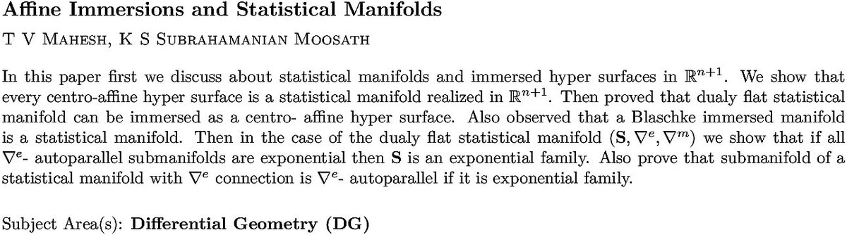 arxiv.org/abs/1803.02538…
T V Mahesh, K S S Moosath
Affine Immersions and Statistical Manifolds