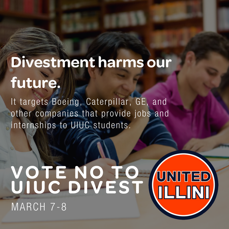 Divestment harms our future job prospects and internships. Vote no to divestment to secure our future.

Vote at vote.illinois.edu!