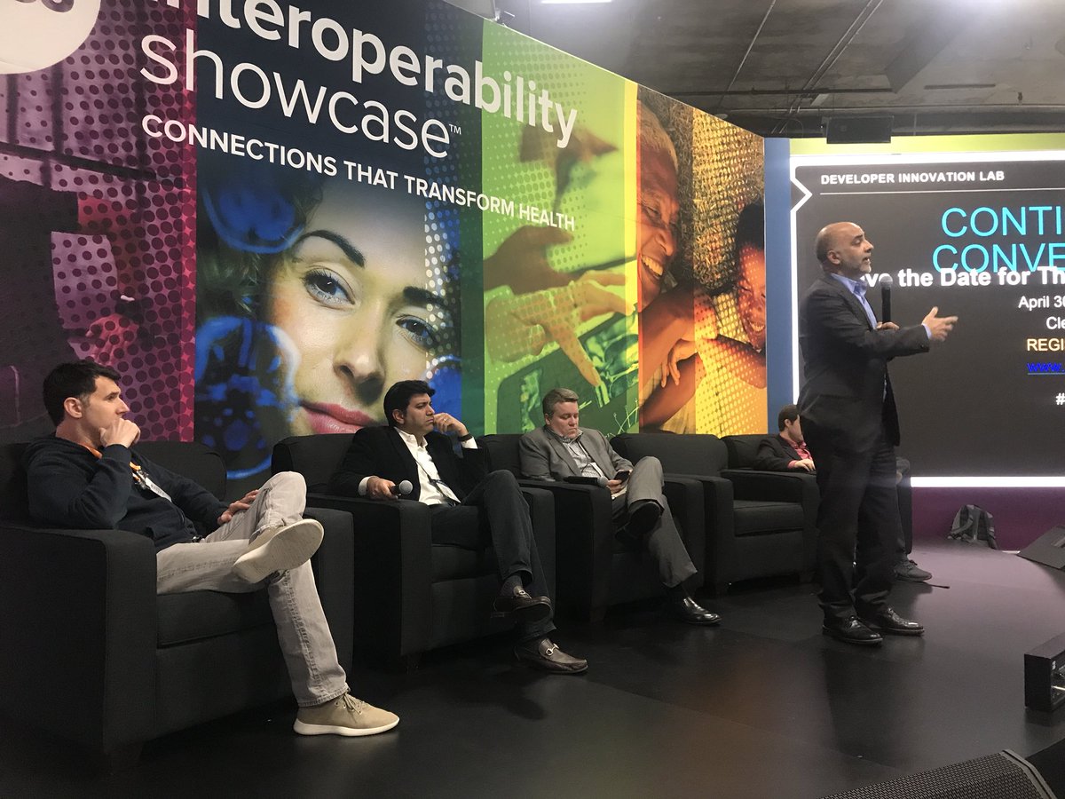 #HIMSS18 #InteroperabilityShowcase where <a href="/mickytripathi1/">micky tripathi</a> is introducing the new #interoperability spec #SCHMOKE (Service for Clinical Health Medical Operation Knowledge Exchange! “Where there’s SCHMOKE there’s FHIR!” #dev4health