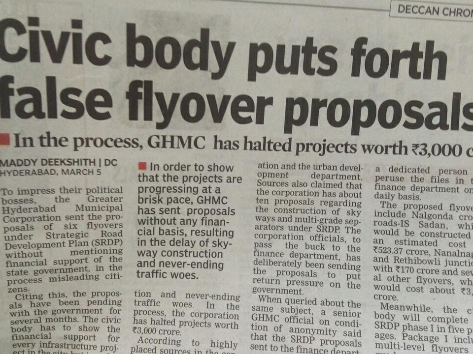 HydWatch's tweet photo. Without any financial support plans #GHMC sent 6 Flyover proposal keeping aside important Traffic decongestant projects of 3000 cr just to please Political bosses ? DC 6-3-18 #hyderabad #Trafficblocks need urgent solutions Erragadda Errammanjil Ameerpet @CommissionrGHMC @KTRTRS https://t.co/LizSsETMz6