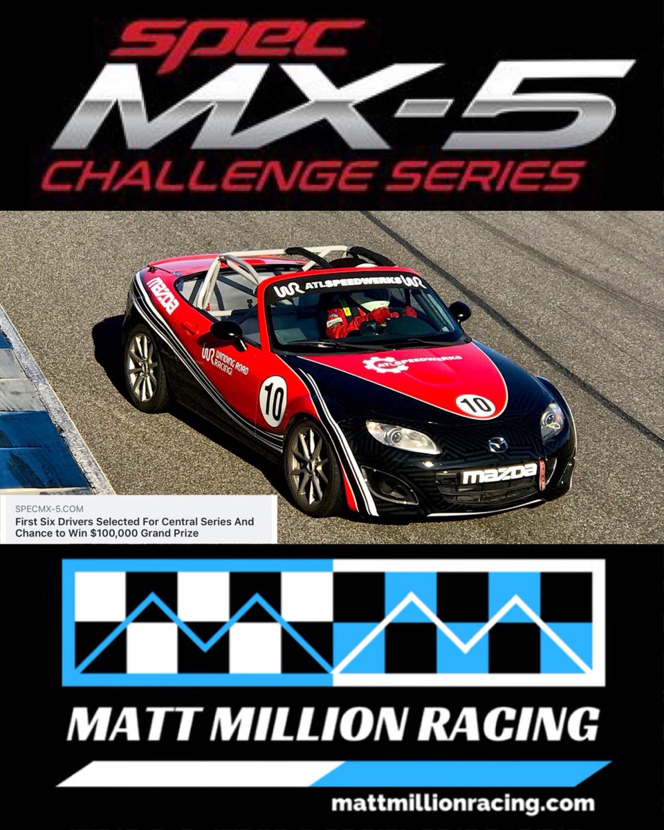 MillionRacing's tweet photo. The news is out, Iโll be competing in the inaugural @SpecMX5Racing Series Central! First round in 2 weeks at NCM in Kentucky, cannot wait to dive in! See you in Kentucky! ๐ค๐ผ
#specmx5 #specmx5challenge #mazda #mrt24 #mattmillionracing #noroofnoproblem https://t.co/I9BSKthGwk