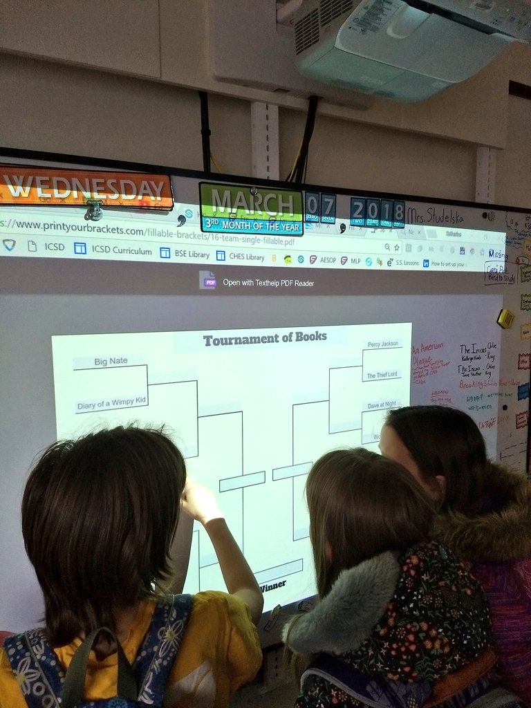 KMStudelska's tweet photo. March Madness is here! @BelleShermanES Castle Room is hosting a Tournament of Books. #thebellalreadyrang #stilldiscussing #engagedreading #explorenewgenres https://t.co/J09FDGFTo5
