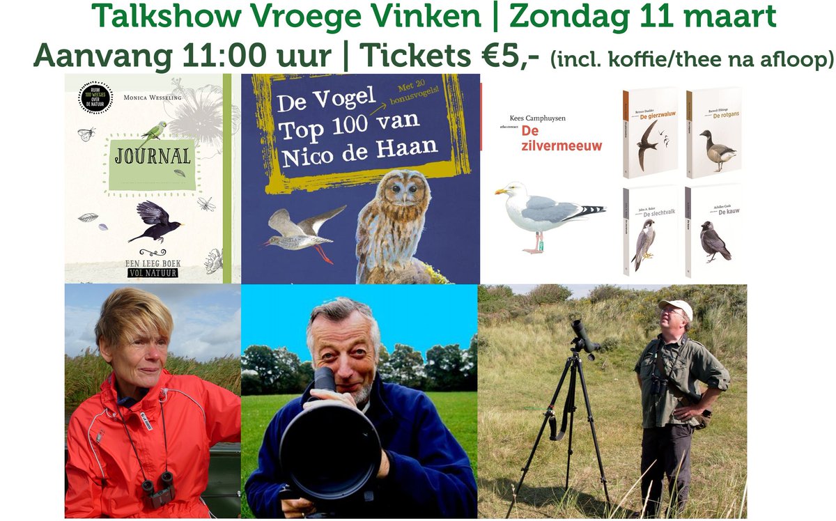 Talkshow #vroegevinken zondag 11 maart 11 uur met <a href="/vogelskijken/">Nico de Haan</a> Nico de Haan @keescamphuysen @monicawesseling <a href="/markkras/">MARK KRASAVIN</a> #heinverkade <a href="/TYanover/">tommy</a> <a href="/Boekenweek/">Boekenweek</a>