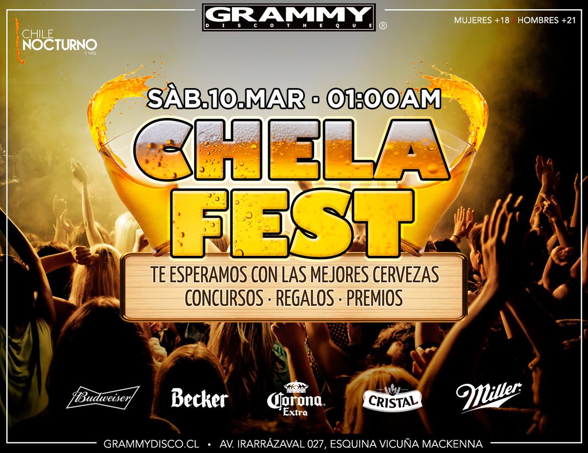 Chile_Nocturno's tweet photo. 💥¡ATENCIÓN CERVECEROS!🍻🍺
¡Este sábado llega CHELA FEST a Grammy Discotheque!😍
No te pierdas una MARAVILLOSA noche de mucha, ¡MUCHA CERVEZA!🍺🤠🍻

#ChelaFest #Grammy #Concursos #Regalos #Pilsen #Beer #MuchaPilsen #Chela #Pilsener https://t.co/YQMEXAPcQc