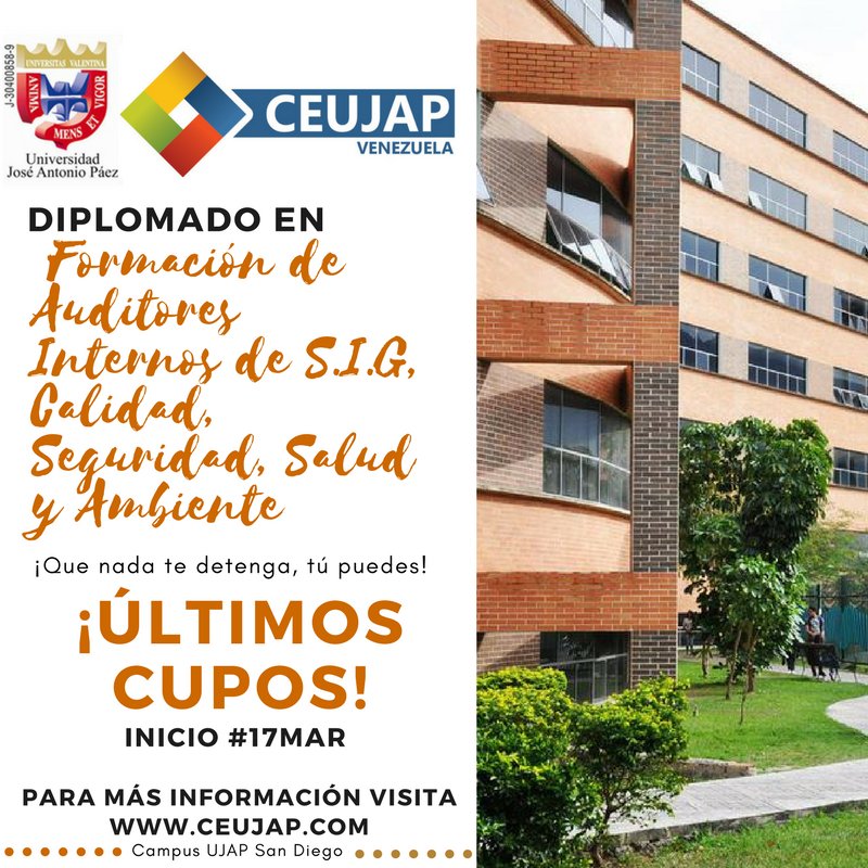 ¡ÚLTIMOS CUPOS! Visita ceujap.com (Presencial y Semipresencial) o diplomados.com (Virtual) y únete a nuestro actualizado Diplomado en Formación de Auditores Lideres en SIGCSyA ¡Con reconocimiento internacional!
_______________
INICIO: #17Marzo