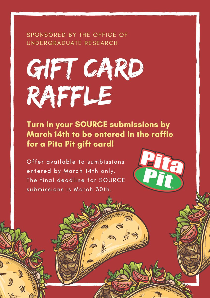 CWUSOURCE's tweet photo. Need some motivation to get your SOURCE abstract done?
We've got just the thing.
The final submission date is March 30th, but all those who submit their SOURCE abstract early by March 14th will be entered for a chance to win a Pita Pit gift card!
#CWU #PitaPit #CWUSOURCE2018 https://t.co/uUxGweQCHh