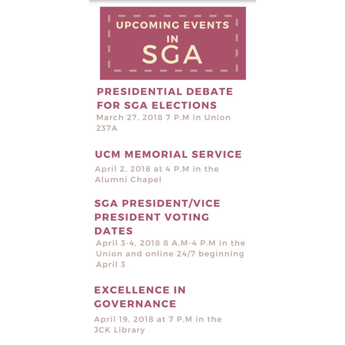 ucmSGA's tweet photo. SGA has many events coming up! https://t.co/sNAs4y4Pgo