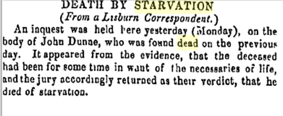FamineEviction's tweet photo. #FamineDead inquest in #Lisburn #Antrim during #Black47 on body of John Dunne who was ‘in want of the necessaries of life’ #IrishFamine #Eviction @IrishNewspapers https://t.co/QkJyQ3WV91
