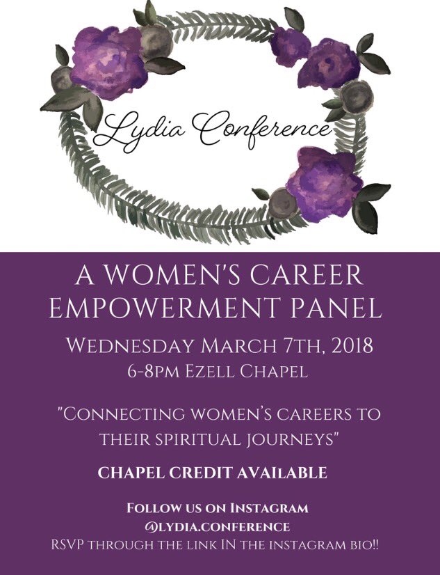 lipscombdsc's tweet image. Hey y’all! The Lydia Conference is tonight! 6 pm in Ezell Chapel. There are cupcakes from the cupcake collection, chapel credit, and some amazing panelists! If you want to know more visit and RSVP using this link eventbrite.com/e/lydia-confer… 
Hope to see you there!