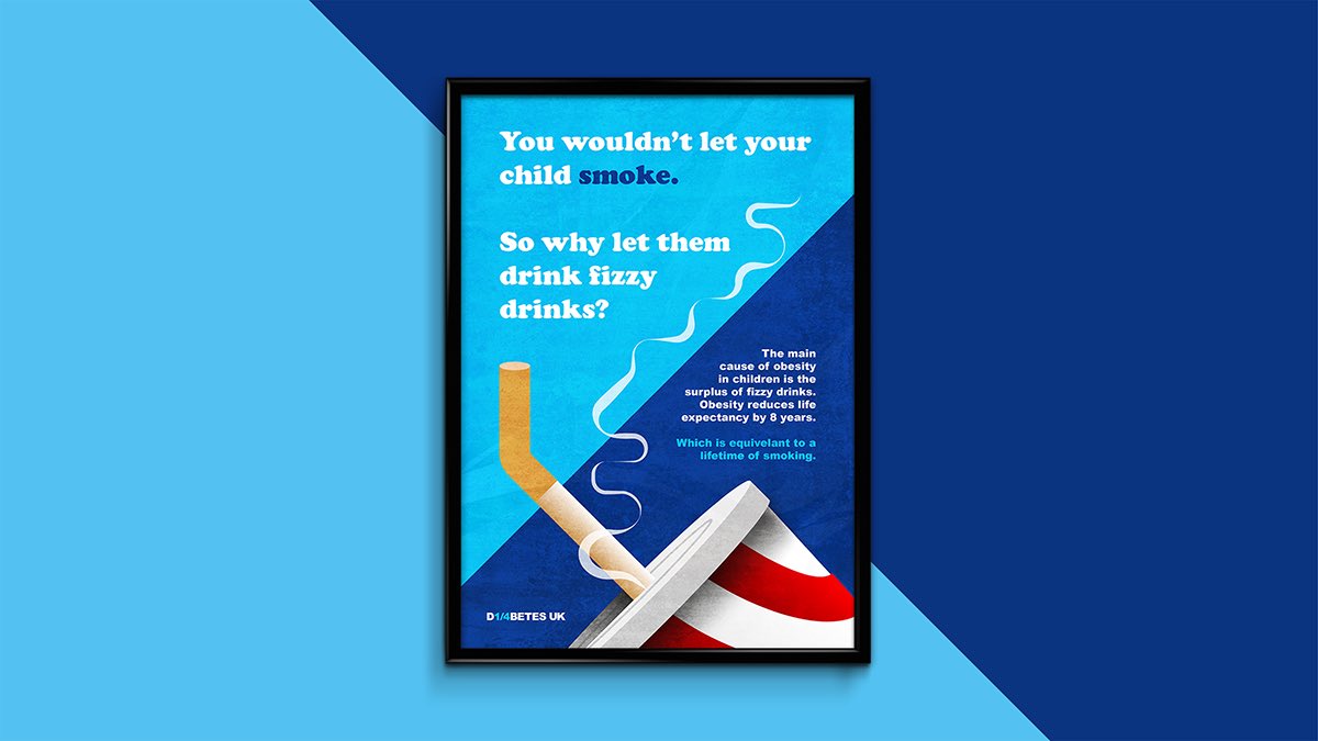 jajbaugh's tweet photo. Here's a series of posters designed for my final minor project in university. 

"D1/4BETES" is a campaign to raise awareness of the negative effects of drinking fizzy drinks, and how the children of the UK's health is at risk.

Full project:
https://t.co/huoUgW3NrD

@DiabetesUK https://t.co/Td2geWaVON