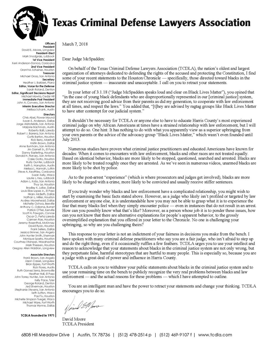 Attached is a letter submitted to the Houston Chronicle in response to Judge McSpadden’s comments and subsequent letter published. #tcdlajudicialintegritycommittee
