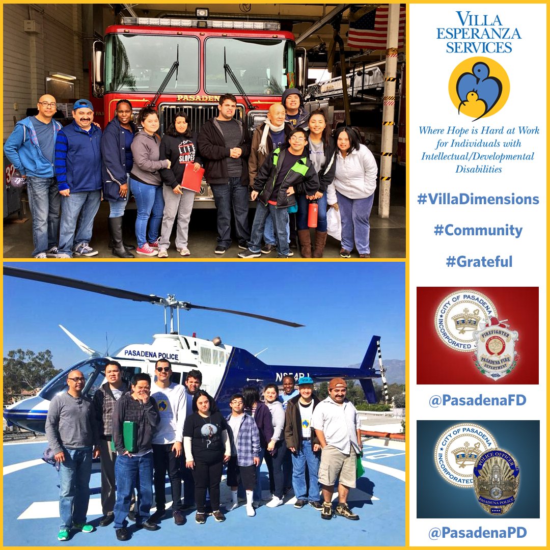 VESPasadena's tweet photo. Partnering with the #Community: Clients from Villa’s Dimensions Adult Day Program visited local @PasadenaFD Station 33 for a tour. They also stopped by the @PasadenaPD for a fun visit that included rooftop views of their helicopter. Thank you both! #VillaDimensions #Grateful https://t.co/pqh97IJCBC